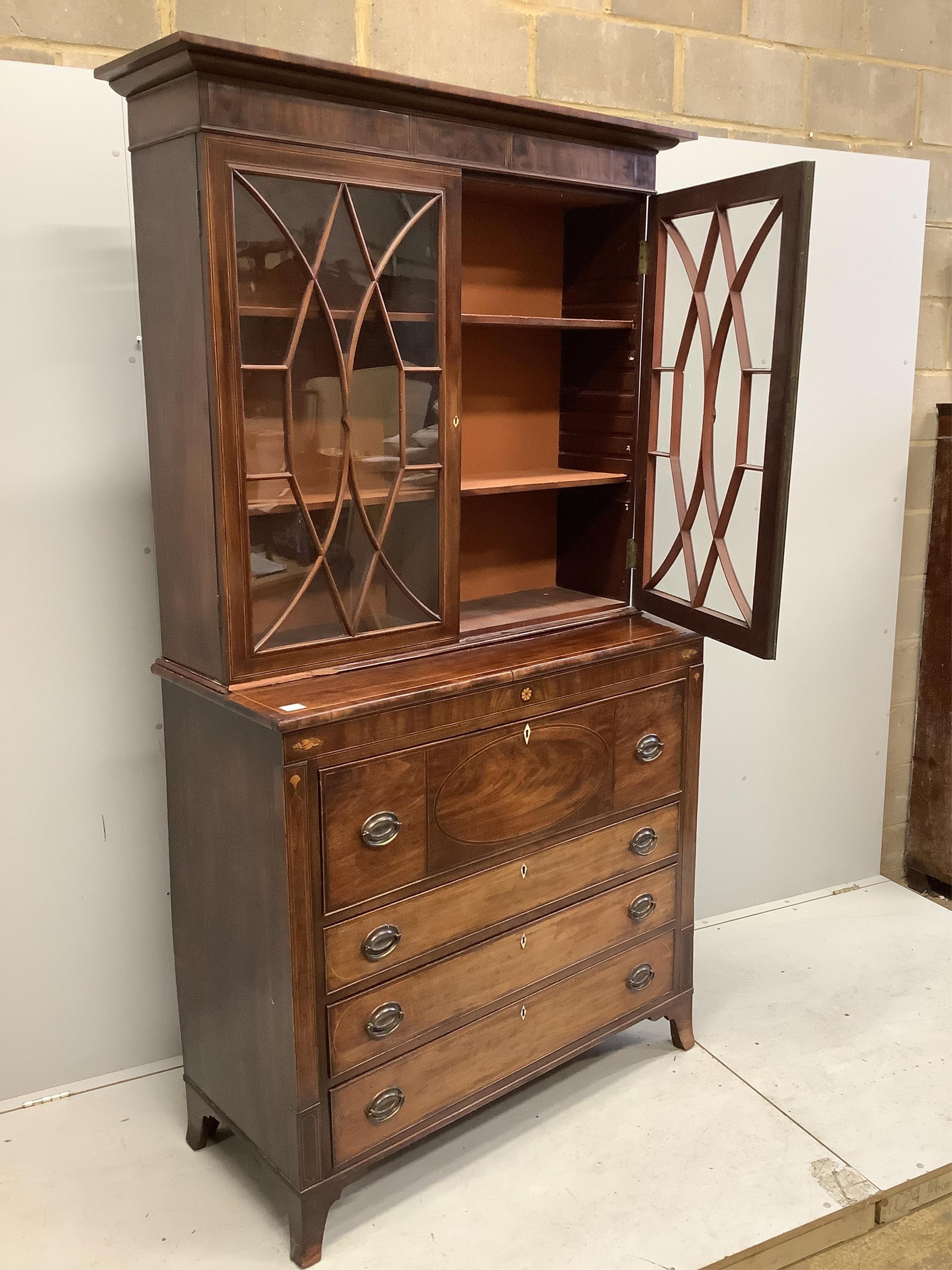 A George III mahogany secretaire bookcase, width 120cm, depth 53cm, height 224cm. Condition - fair